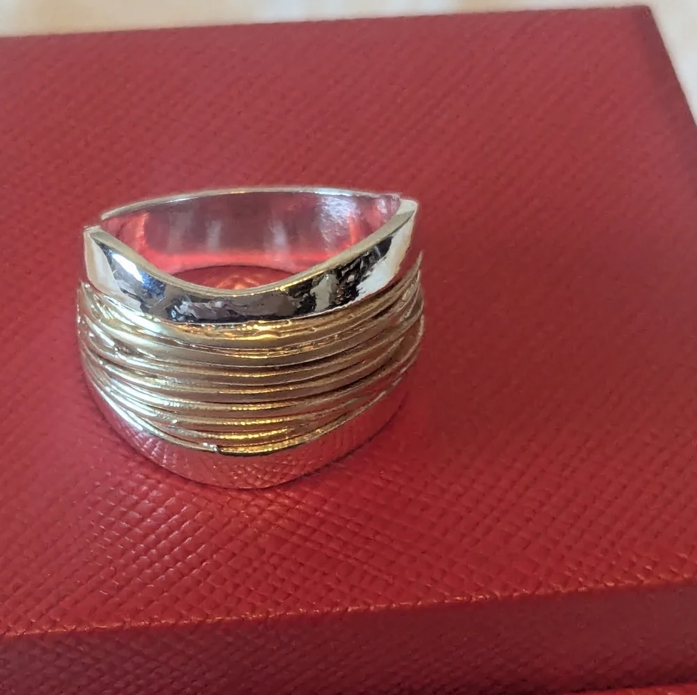 NEW Sculptural Wave Statement Ring Modernist Artisan Silver Wide Band Minimalist